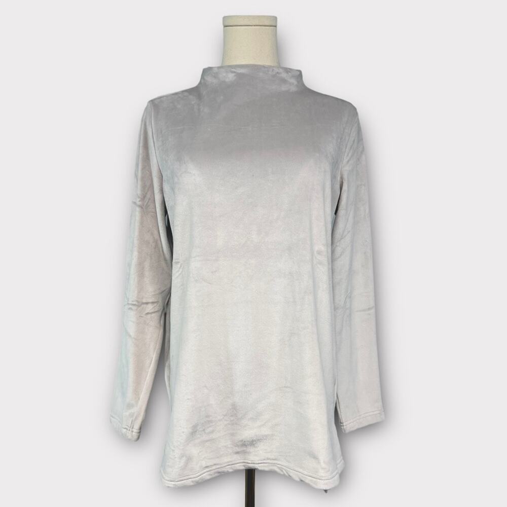 Lands' End Plush Velour Fleece Mockneck Pullover in Light Fog Size Small